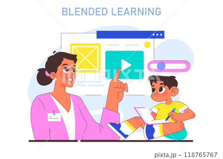 Blended or hybrid learning. Modern education methodic. A combination of online and offline classes. Child gaining a knowledge with modern digital or internet technologies. Flat vector illustration Blended or hybrid learning. Modern education methodic. A combination of online and offline classes. Child gaining a knowledge with modern digital or internet technologies. Flat vector illustration 118765767
