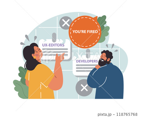Dismissal of IT specialists. Mass layoffs of internet technolgy employee due to financial crisis. Overheated labor market. Flat vector illustration Dismissal of IT specialists. Mass layoffs of internet technolgy employee due to financial crisis. Overheated labor market. Flat vector illustration 118765768