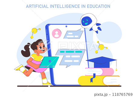 AI in children education. Little school girl gaining knowledge with help of artificial intelligence. School course study with virtual assistant. Flat Vector illustration AI in children education. Little school girl gaining knowledge with help of artificial intelligence. School course study with virtual assistant. Flat Vector illustration 118765769