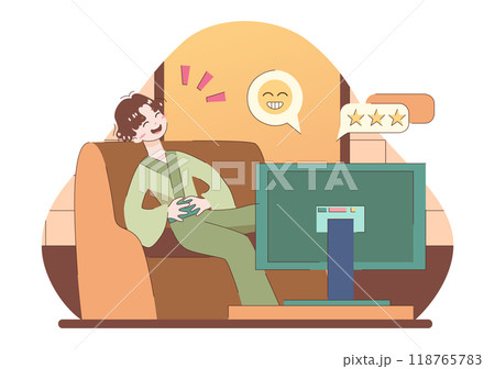Man watching a comedy movie at home. Asian male character in a traditional clothes sitting on couch laughing on a TV show. Japanese drama series. Flat vector illustration 118765783