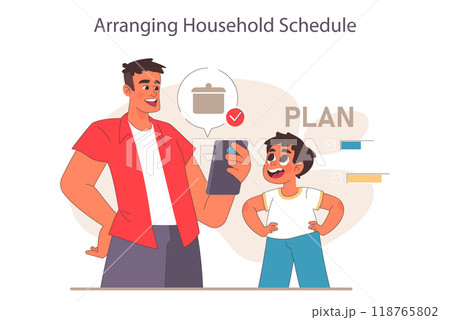 Father and son relationships. Happy loving family, positive parenting and nurturing. Man and little boy daily life, characters arranging household schedule and chores. Flat vector illustration. Father and son relationships. Happy loving family, positive parenting and nurturing. Man and little boy daily life, characters arranging household schedule and chores. Flat vector illustration. 118765802