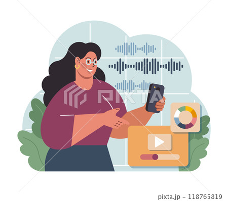 Voice search. Artificial intelligence virtual assistant. Woman speaking on microphone with browser request. Voice activated identification for digital security. Flat vector illustration Voice search. Artificial intelligence virtual assistant. Woman speaking on microphone with browser request. Voice activated identification for digital security. Flat vector illustration 118765819