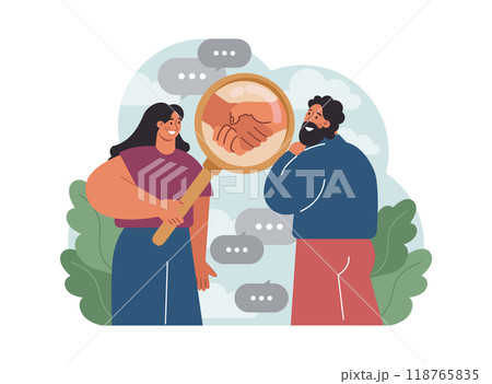 Company credibility. Brand reputation based on customer loyalty and trust. Corporate public relations strategy. Security of data. Flat vector illustration 118765835