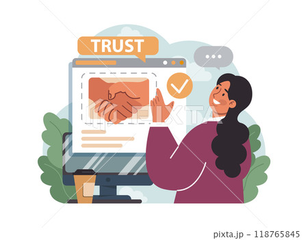 Company credibility. Brand reputation based on customer loyalty and trust. Corporate public relations strategy. Security of data. Flat vector illustration 118765845