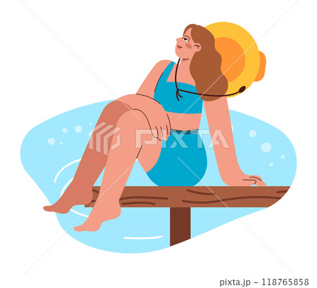 Swimming set. Diverse characters swimming in the sea. Summer holidays on the beach. People in a swimsuits having fun by the water. Flat vector illustration 118765858