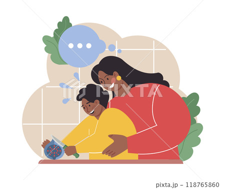 Mother teaching her child how to cook. Family making food in the kitchen together. Mom and little boy following recipe. Parenting and family bonding. Flat vector illustration 118765860