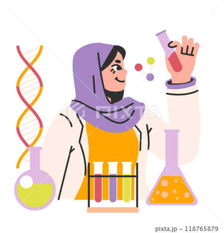 Female scientist. Woman in a scarf or hijab with a test tube. Chemistry or biology research and experimentation. Women in STEM professions. Flat vector illustration Female scientist. Woman in a scarf or hijab with a test tube. Chemistry or biology research and experimentation. Women in STEM professions. Flat vector illustration 118765879