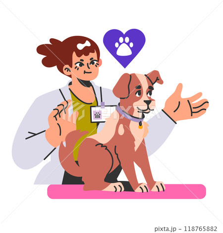 Veterinary appointment. Pet visit a medical clinic. Dog health check. Vet doctor examining a puppy. Flat vector illustration Veterinary appointment. Pet visit a medical clinic. Dog health check. Vet doctor examining a puppy. Flat vector illustration 118765882