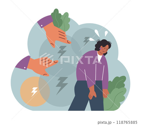 Condemnation. Public censure or judgement. Upset victim being bullyed and shamed by others. Flat vector illustration 118765885