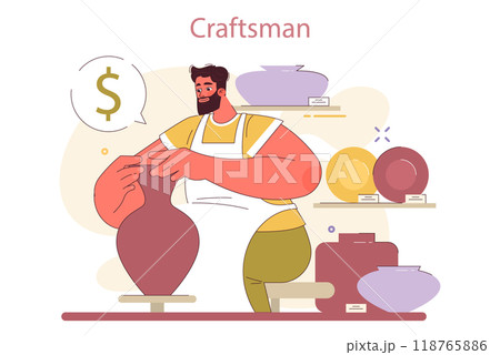 Small pottery business. Starting and developing a local start-up. Potter master creating ceramics and clay pots. Independent craftsman in apron selling hand-made dishes. Flat Vector Illustration 118765886