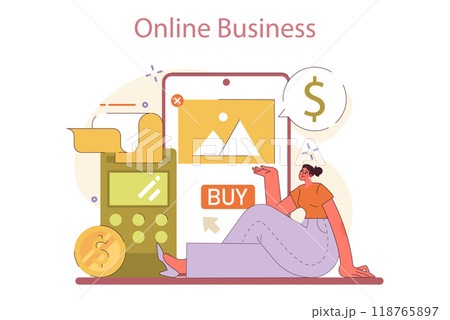 Small business online. Female character starting and developing a local store on a ecommerce platform. Internet marketing, social media promotion of independent enterpreneur. Flat vector illustration Small business online. Female character starting and developing a local store on a ecommerce platform. Internet marketing, social media promotion of independent enterpreneur. Flat vector illustration 118765897