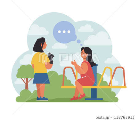 Children exploring nature on summer holidays. Active outside leisure for physical and mental health. Little girls having fun outdoors playing on the playground. Flat vector illustration Children exploring nature on summer holidays. Active outside leisure for physical and mental health. Little girls having fun outdoors playing on the playground. Flat vector illustration 118765913