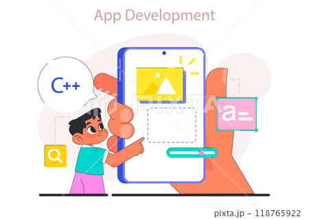 Little boy do programming. Computer science and application development for kids. Children learning app building and coding. Flat vector illustration 118765922