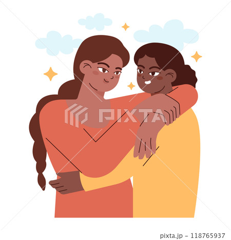Friends support. Friendship mental support and comfort. Group of friends hug and care for each other. Empathy and love idea. Flat vector illustration Friends support. Friendship mental support and comfort. Group of friends hug and care for each other. Empathy and love idea. Flat vector illustration 118765937