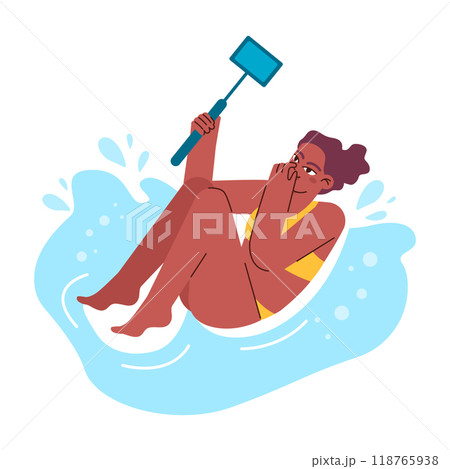 Swimming set. Diverse characters swimming in the sea. Summer holidays on the beach. People in a swimsuits having fun by the water. Flat vector illustration Swimming set. Diverse characters swimming in the sea. Summer holidays on the beach. People in a swimsuits having fun by the water. Flat vector illustration 118765938