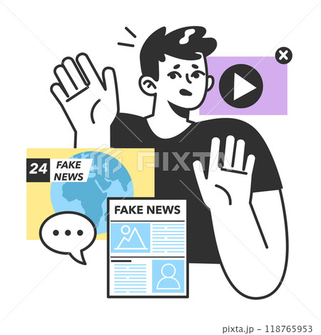 Manipulation and control over people by fake news. Medis influencing and manipulating character. Propaganda and internet fakes. Flat vector illustration Manipulation and control over people by fake news. Medis influencing and manipulating character. Propaganda and internet fakes. Flat vector illustration 118765953