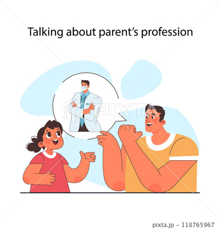 Career guidance for children. Dad helping his kid to define a future profession by talking about his career. Children education path for potential career. Flat vector illustration 118765967