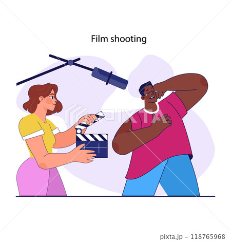 Movie industry. Filming process, famous actor performing on the camera. Film crew mith microphone and clapper. Well-known male artist success. Flat vector illustration Movie industry. Filming process, famous actor performing on the camera. Film crew mith microphone and clapper. Well-known male artist success. Flat vector illustration 118765968