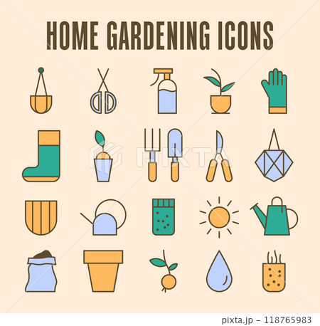 Simple gardening colored icons. Planting equipment, house plant and pots. Modern agricultural hobby, urban farming. Flat vector illustration Simple gardening colored icons. Planting equipment, house plant and pots. Modern agricultural hobby, urban farming. Flat vector illustration 118765983