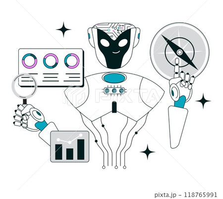 Impact of Artificial intelligence on business. AI-powered analytics for management and marketing decision. Self-learning computing system processing big data. Flat vector illustration Impact of Artificial intelligence on business. AI-powered analytics for management and marketing decision. Self-learning computing system processing big data. Flat vector illustration 118765991