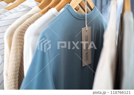 Knitted clothing with a 100% organic label. 118766121