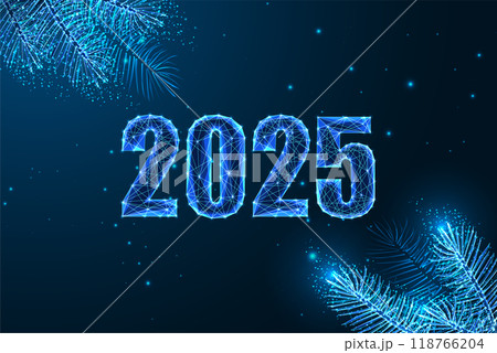 2025 New Year festive banner with glowing 2025 digits and Christmas tree branches. Blue background. 2025 New Year festive banner with glowing 2025 digits and Christmas tree branches. Blue background. 118766204