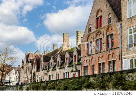 Bruges, Belgium; view of the medieval buildings that are crossed by the canals of the city. Historic center World Heritage 118766240