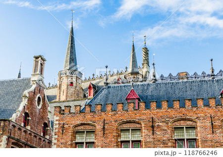 Bruges, Belgium; view of the medieval buildings that are crossed by the canals of the city. Historic center World Heritage Bruges, Belgium; view of the medieval buildings that are crossed by the canals of the city. Historic center World Heritage 118766246