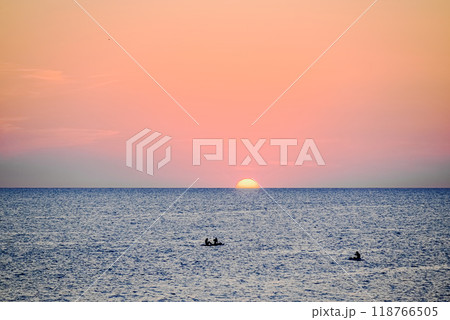 Beautiful sunset with orange sky on the beach of Menorca, Balearic Islands. Sunset, nature 118766505