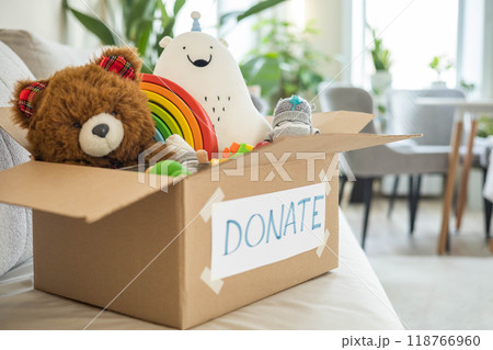 On the living room couch is a box full of toys for donation. Teddy bear soft toy, wooden cubes 118766960