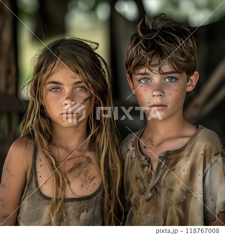 Two children with dirty faces standing together in a rural setting 118767008