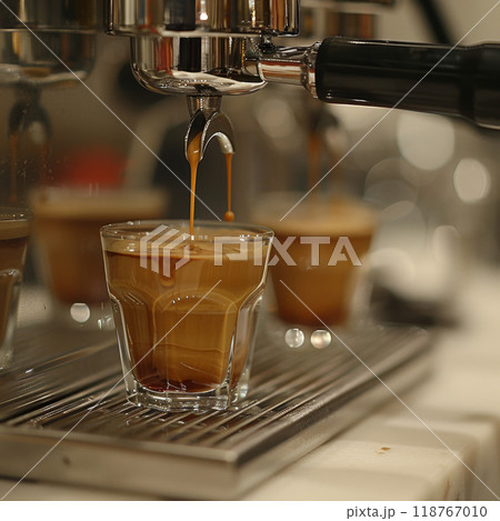 Espresso brewing in a modern cafe during the morning rush 118767010