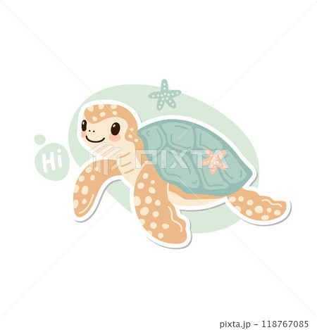 sticker cute cartoon sea turtle on blue background , illustration flat style	 118767085