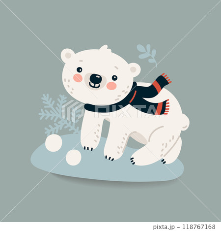 Cute white cartoon bear in a scarf, Vector winter illustration in flat style.	 118767168