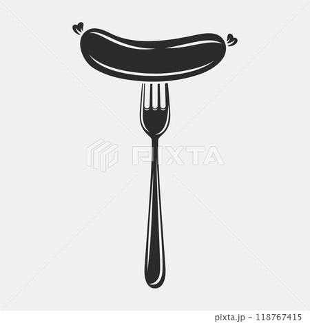 Flat Vector Cartoon Sausage on Fork with Outline Closeup Isolated on White Background. Vector Food Illustration for Menu, BBQ, and Culinary Design 118767415