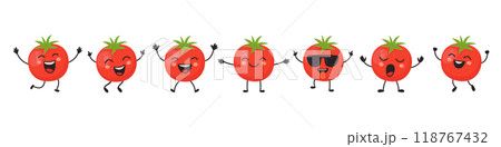 Flat Vector Cartoon Cute and Funny Tomato Character. Dancing, Smiling, Happy, Singing Tomato with Different Faces and Emotions. Tomato Icon, Logo, Vector Illustration in Kawaii Style Flat Vector Cartoon Cute and Funny Tomato Character. Dancing, Smiling, Happy, Singing Tomato with Different Faces and Emotions. Tomato Icon, Logo, Vector Illustration in Kawaii Style 118767432