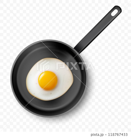 Vector 3d Realistic Fried Egg in the Black Frying Pan, Closeup Isolated, Top View. Design Template of Scrambled Eggs, Fried Egg, Omelette. Delicious Breakfast, Food, Culinary Concept 118767433
