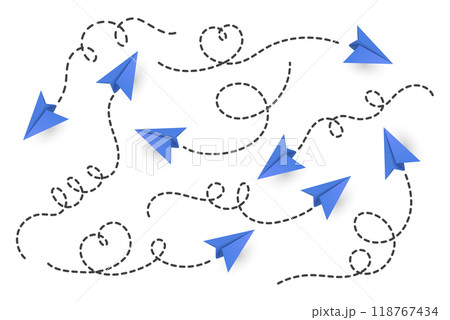 Vector Realistic Blue Paper Planes Collection. Paper Plane Icon Set. Heart Shaped Flying Paper Plane with Dotted Air Route. Blue Paper Planes with Dotted Route Line Vector Realistic Blue Paper Planes Collection. Paper Plane Icon Set. Heart Shaped Flying Paper Plane with Dotted Air Route. Blue Paper Planes with Dotted Route Line 118767434