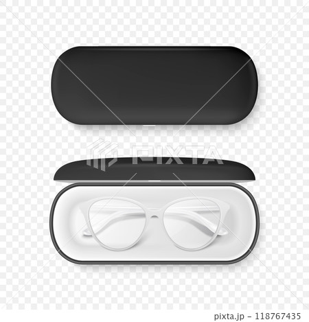 Vector 3D Realistic Round Frame Glasses and Case Set. White Sunglasses and Closed Case. Vintage Eyeglasses and Case, Top View. Design Template for Optics and Eyewear Branding Vector 3D Realistic Round Frame Glasses and Case Set. White Sunglasses and Closed Case. Vintage Eyeglasses and Case, Top View. Design Template for Optics and Eyewear Branding 118767435