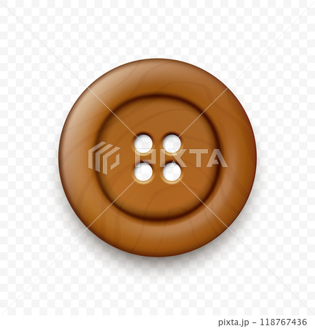 Vector Brown Color Wooden Two Holes Clothes Button Closeup, Isolated on White Background with Reflection. Round Button, Front View Vector Brown Color Wooden Two Holes Clothes Button Closeup, Isolated on White Background with Reflection. Round Button, Front View 118767436