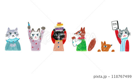 手書きイラスト　テーブルに並んで座る動物たち 118767499