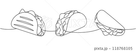 Beef tacos one line continuous drawing. Traditional Mexican fast-food. Vector linear illustration. 118768105
