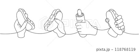 Set of hand hold hotdog one line continuous drawing. American street fast food. Vector linear illustration. 118768119