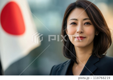日本の国旗の前に立つスーツ姿の日本人女性(日本代表・外交・海外周遊・政治家・政治活動) 日本の国旗の前に立つスーツ姿の日本人女性(日本代表・外交・海外周遊・政治家・政治活動) 118768219