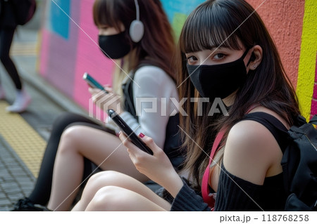トー横の様な治安の悪い街で地面に座る若い日本人女性（売春・パパ活・児童相談所・歌舞伎町・補導・家出・ 118768258