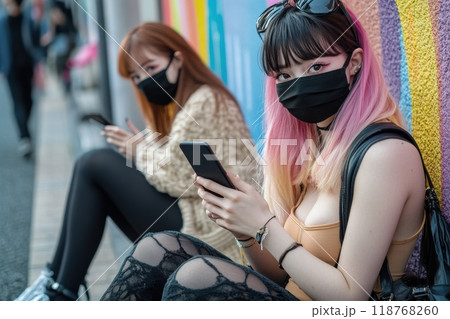 トー横の様な治安の悪い街で地面に座る若い日本人女性（売春・パパ活・児童相談所・歌舞伎町・補導・家出・ 118768260