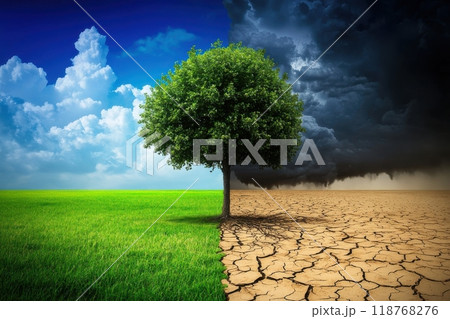 温暖化をイメージした砂漠と緑の森が半々の写真(SDGs・エコ・温暖化・エコロジー・環境問題) 温暖化をイメージした砂漠と緑の森が半々の写真(SDGs・エコ・温暖化・エコロジー・環境問題) 118768276