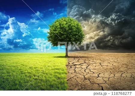 温暖化をイメージした砂漠と緑の森が半々の写真(SDGs・エコ・温暖化・エコロジー・環境問題) 温暖化をイメージした砂漠と緑の森が半々の写真(SDGs・エコ・温暖化・エコロジー・環境問題) 118768277