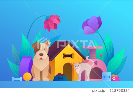 Pets service cartoon landing page design. Welcome to animal store concept with cute dog and cat. Pet hotel, shop or veterinary clinic vector illustration. Comfortable booth, toys and meals for animals Pets service cartoon landing page design. Welcome to animal store concept with cute dog and cat. Pet hotel, shop or veterinary clinic vector illustration. Comfortable booth, toys and meals for animals 118768384