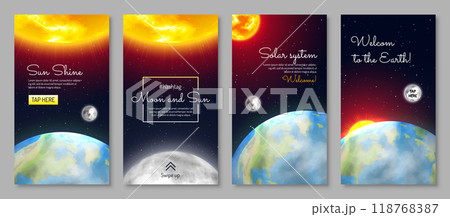Solar system vertical flyers set. Earth planet with continents and ocean. Galaxy discovery and exploration. Realistic globe with satellite in galaxy vector illustration. Astronomy and astrophysics. Solar system vertical flyers set. Earth planet with continents and ocean. Galaxy discovery and exploration. Realistic globe with satellite in galaxy vector illustration. Astronomy and astrophysics. 118768387
